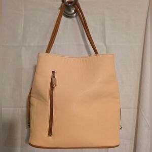SAMOE • Bucket-Style Handbag.  Light Peach with Brown Trim/Straps. LIKE NEW!